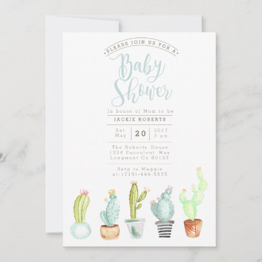 Jardin de Cactus | Invitation Baby shower aquarell (Devant)
