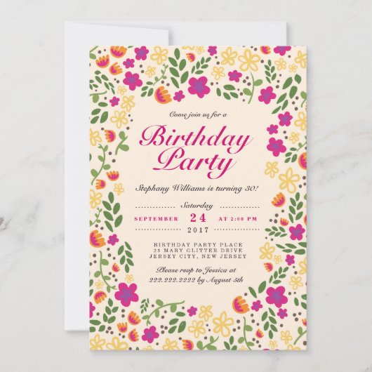 Jardin de fleurs roses Whimsy Invitation d'anniver (Devant)