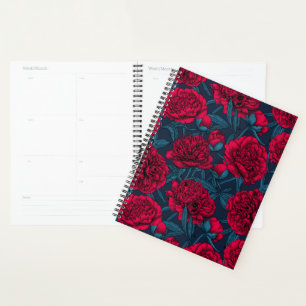 Jardin de pivoine rouge sur bleu foncé