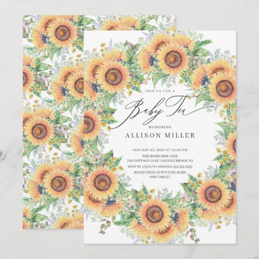 Jardin de tournesol Floral Baby Tea Invitation (Devant / Derrière)
