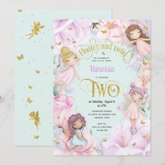 Jardin Fée thème, Fille 2e anniversaire Invitation (Devant / Derrière)