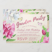 Jardin Fleur rose avec papillons Invitation (Devant / Derrière)