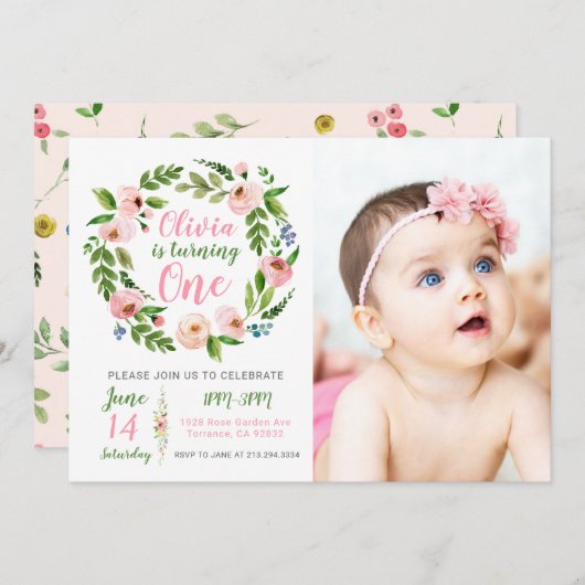 Jardin floral 1er anniversaire Invitation fille ph (Devant / Derrière)