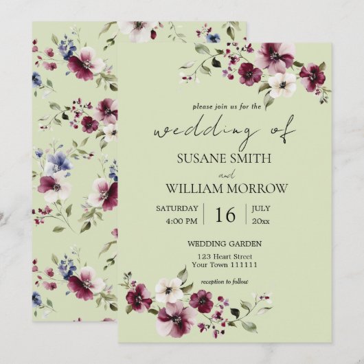Jardin Floral Mariage Élégant Invitation verte (Devant / Derrière)