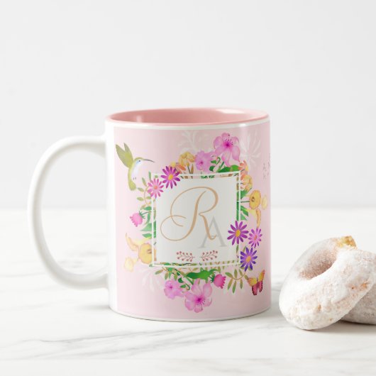 Jardin Floral Monogramme rose Mug (Avec donut)