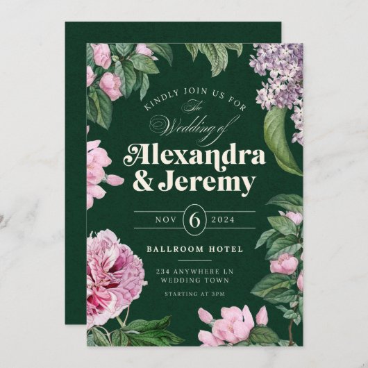 Jardin Floral rose & Faire-part de mariage vert (Devant / Derrière)