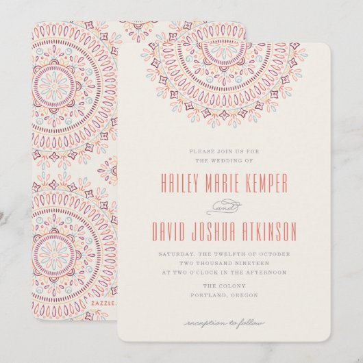 Jardin Mandala Wedding Invitation - Coral Kaart (Voorkant / Achterkant)