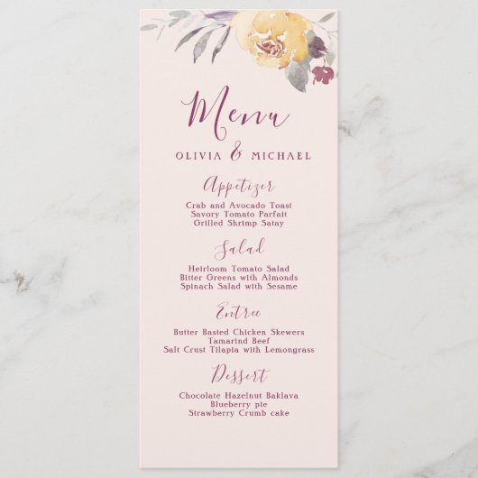 Jardin romantique aquarelle mariage à fleurs menu (Devant)