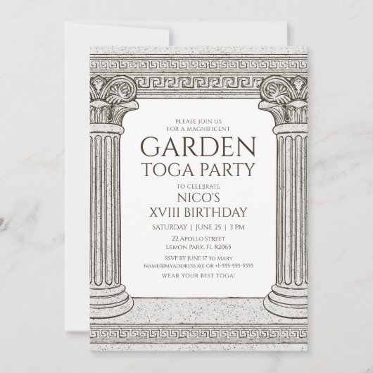 Jardin Toga Party Invitation avec colonnes en pier (Devant)