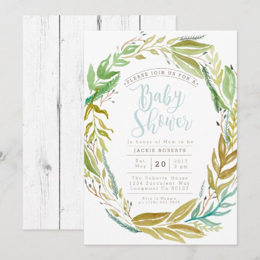 Jardin vert | Invitation Baby shower aquarelle (Devant / Derrière)
