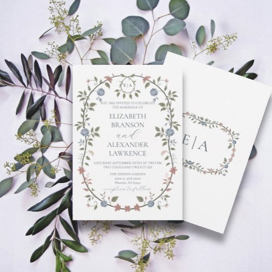Jardin victorien Dusty Blue Monogram Invitation