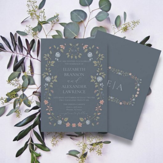Jardin victorien Dusty Blue Monogram Invitation V3