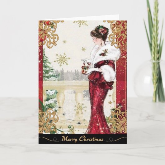jaren '20 Vrouw in rode winterjurk Feestdagen Kaart (Voorkant)