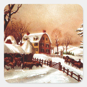jaren '30 Winter Country Scene Vierkante Sticker