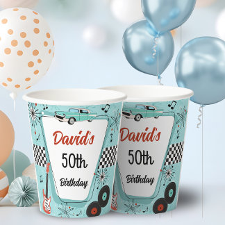Jaren 50 Retro Rode & Blauwe Verjaardagsfeest Papieren Bekers