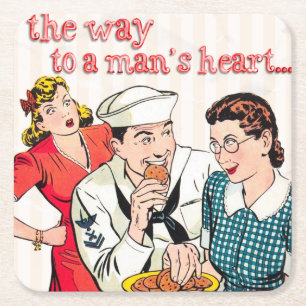 jaren '50 Vintage Zeeman en Huisvrouw Vierkante Kartonnen Onderzetter