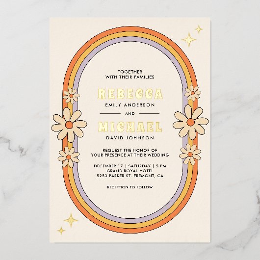 jaren 70 Retro Kleurrijke Groovy Wedding Gold Folie Uitnodiging (Voorkant)