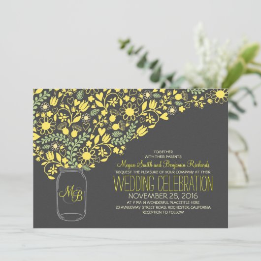 jarre de mason gris fleurs jaunes faire-part de ma (Debout devant)