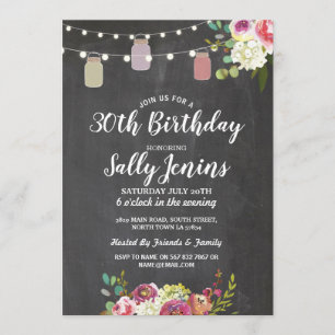 Jars Birthday Party Rustic Chalk Floral Invite Kaart