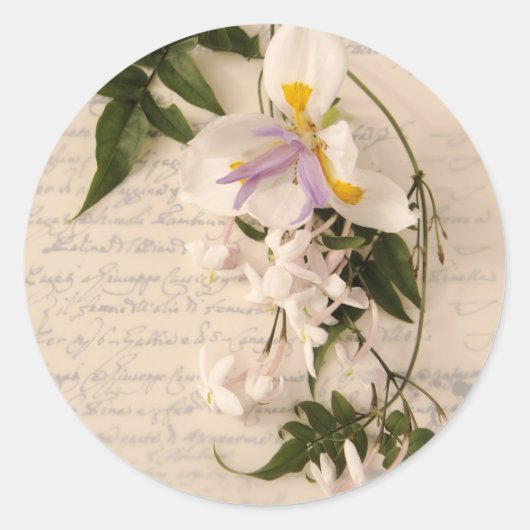 Jasmijn bloemen en lelie met script ronde sticker (Voorkant)