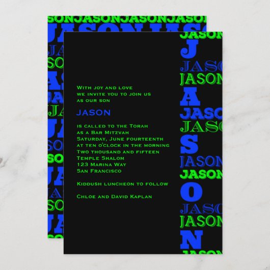 JASONCool Moderne Bar Mitzvah Invitation Black Blu (Devant / Derrière)