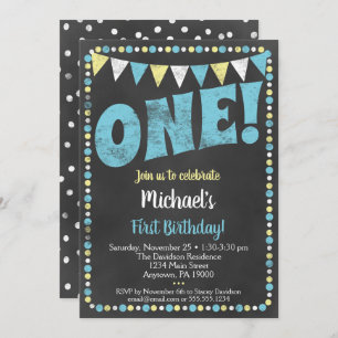 Jaune Bleu Chalkboard Première Invitation d'annive