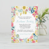 Jaune bleu de rose floral rustique de faire-part (Debout devant)