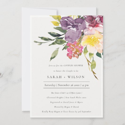 Jaune Blush Bourgogne Floral Couples Invitation de (Devant)