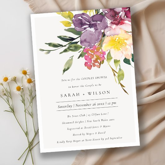 Jaune Blush Bourgogne Floral Couples Invitation de
