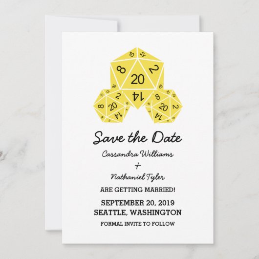 Jaune D20 dés Enregistrer la date Invitation (Devant)