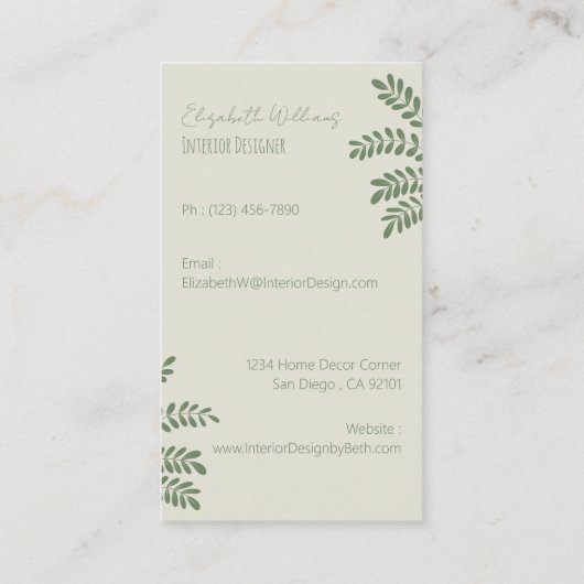 Jaune décorateur intérieur Carte de visite vertica (Dos)