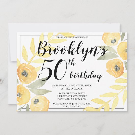 Jaune Floral Anniversaire Invitations Script (Devant)