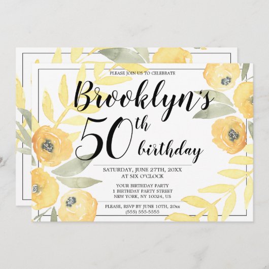 Jaune Floral Anniversaire Invitations Script (Devant / Derrière)