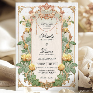Jaune Floral Or Art Nouveau Faire-part de mariage