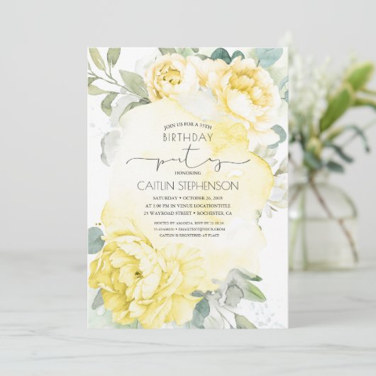 Jaune Floral Vert Doux Invitation Anniversaire (Debout devant)