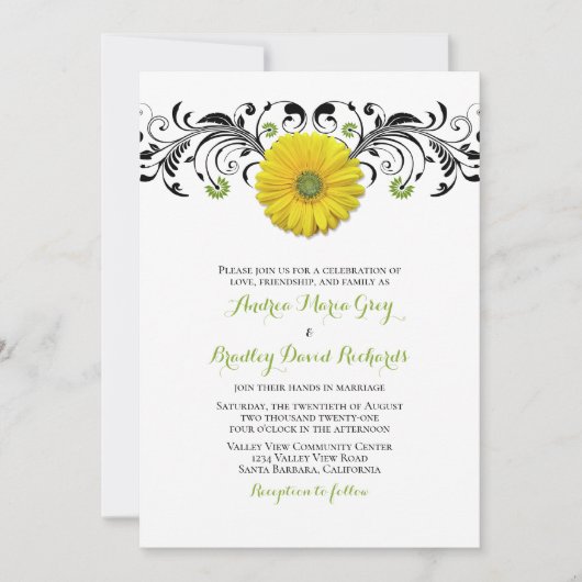 Jaune Gerber Daisy Floral Faire-part de mariage (Devant)