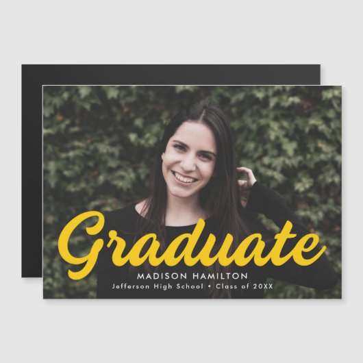 Jaune | Gras Script Faire-part de graduation photo (Devant / Derrière)