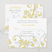 Jaune Gris Blanc Mariage Floral Abstrait RSVP (Devant / Derrière)