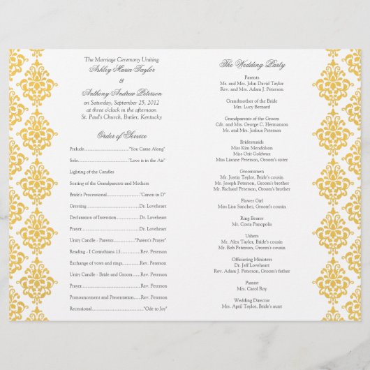 Jaune Gris Damas Programme de mariage pliable (Dos)