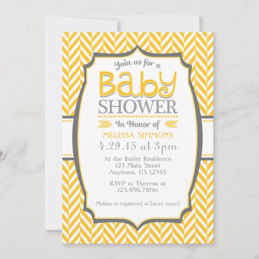 Jaune Gris Herringbone Baby Shower Invitations (Devant)