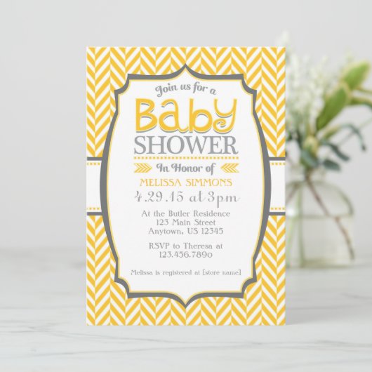 Jaune Gris Herringbone Baby Shower Invitations (Debout devant)