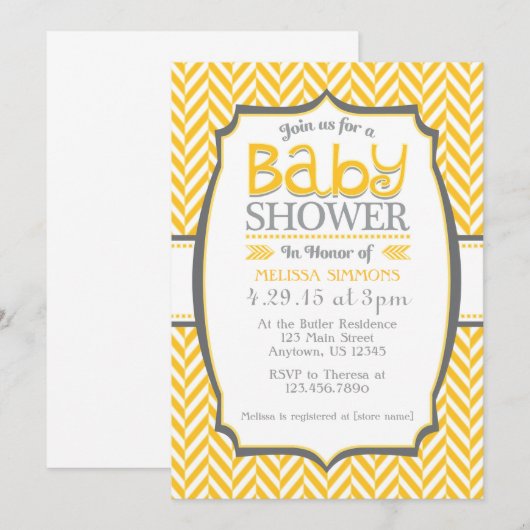 Jaune Gris Herringbone Baby Shower Invitations (Devant / Derrière)