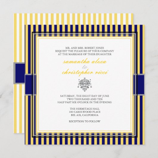 JAUNE+MARINE BLEUE STRIPS INVITATIONS DE MARIAGE (Devant / Derrière)