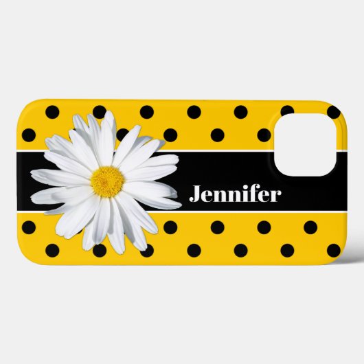 Jaune, Pois noirs, coque iphone Fleur marguerite (Verso (horizontal))