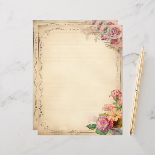 Jaune rose floral junk Journal antique papeterie (Devant/Arrière en situation)