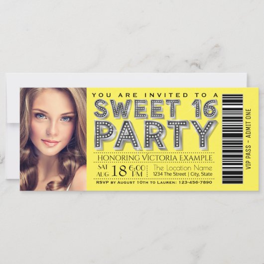 Jaune Sweet 16 Anniversaire Fête Billet Invitation (Devant)