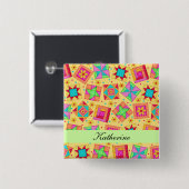 Jaune Vert Patchwork Quilt Blocks Nom Badge (Devant & derrière)