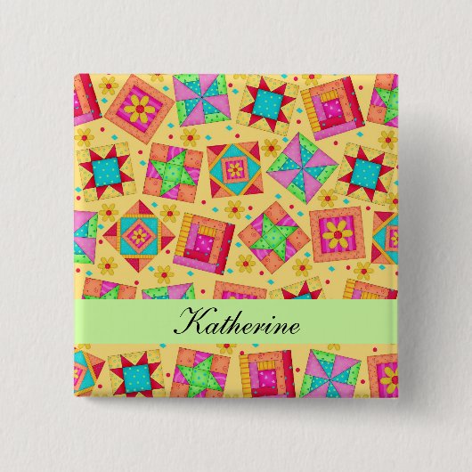 Jaune Vert Patchwork Quilt Blocks Nom Badge (Devant)