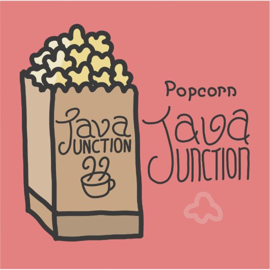 Java Junction Popcorn Sticker met tekst (Voorkant)