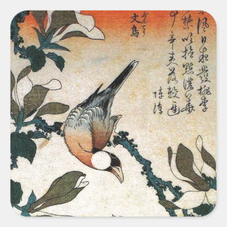 Java Sparrow en Kobushi Magnolia (door Hokusai) Vierkante Sticker